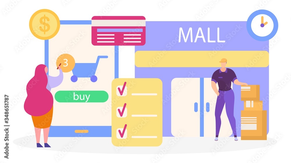 Onlain trade, shopping for business, profitable e-commerce using internet technology, design, cartoon style vector illustration. Joyful nscription on building shopping center, woman makes purchases. Onlain trade, shopping for business, profitable e-commerce using internet technology, design, cartoon style vector illustration. Joyful nscription on building shopping center, woman makes purchases.