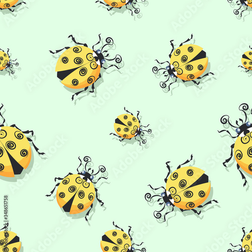 Ladybug, ladybird. Pattern. Vector cartoon character. Cute yellow ladybugs on a light green background. 