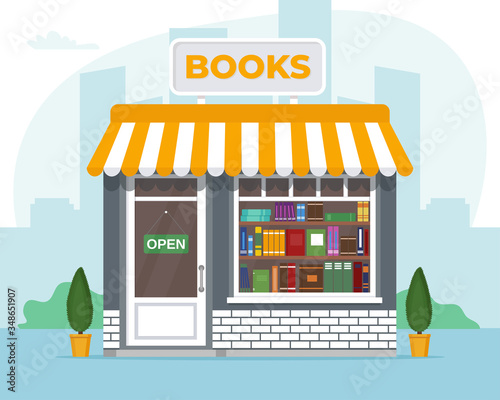 Books store front. Book shop, library. Vector illustration in flat style