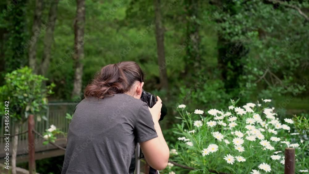 A young girl, a photographer, in a forest area, takes pictures of flowers and beautiful nature. A young girl, a photographer, in a forest area, takes pictures of flowers and beautiful nature.