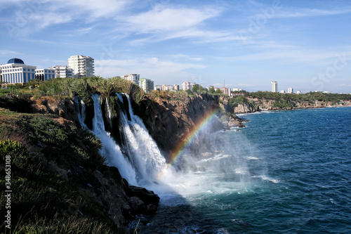 Duden Waterfalls with rainbow and blue sky
