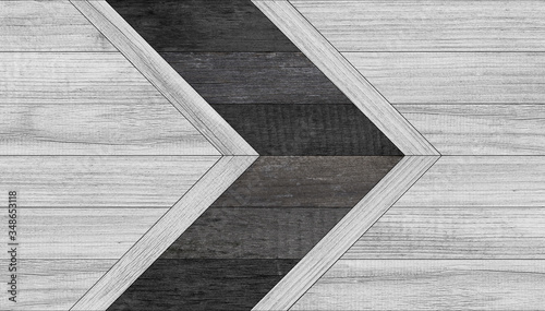 Wood texture. The wooden panel with the arrow sign is made of black and white boards for wall decoration.