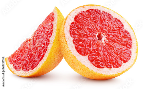 Group of half and slice grapefruit citrus fruit isolated on white background with clipping path. Full depth of field.