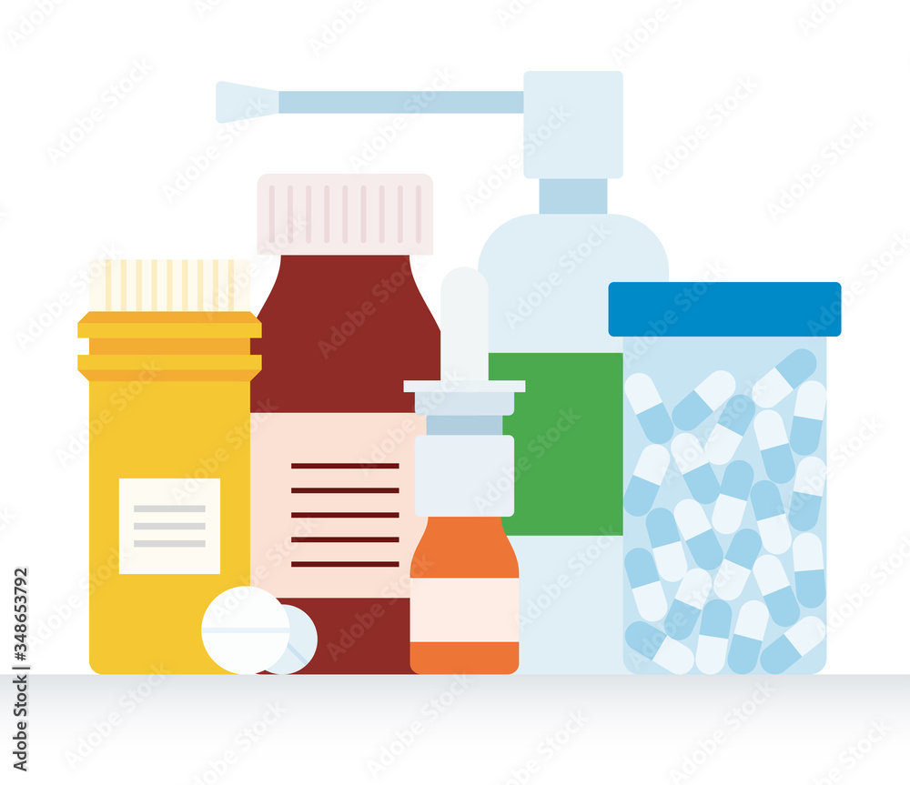 Medicinal kit for the treatment of throat, nose and cold. Plastic jars with pills, nasal spray and inhalation spray. Medicinal kit for the treatment of throat, nose and cold. Plastic jars with pills, nasal spray and inhalation spray.