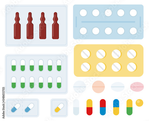 Tablets set of different shapes in blister pack