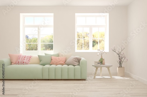 White living room with sofa. Scandinavian interior design. 3D illustration