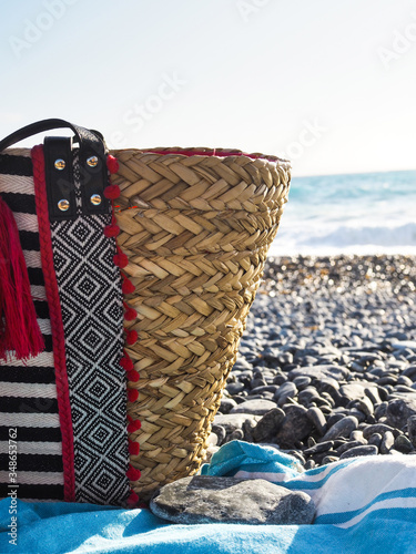 Straw beach bag. Summer. Corsica. French island. image with selected focus. Corse