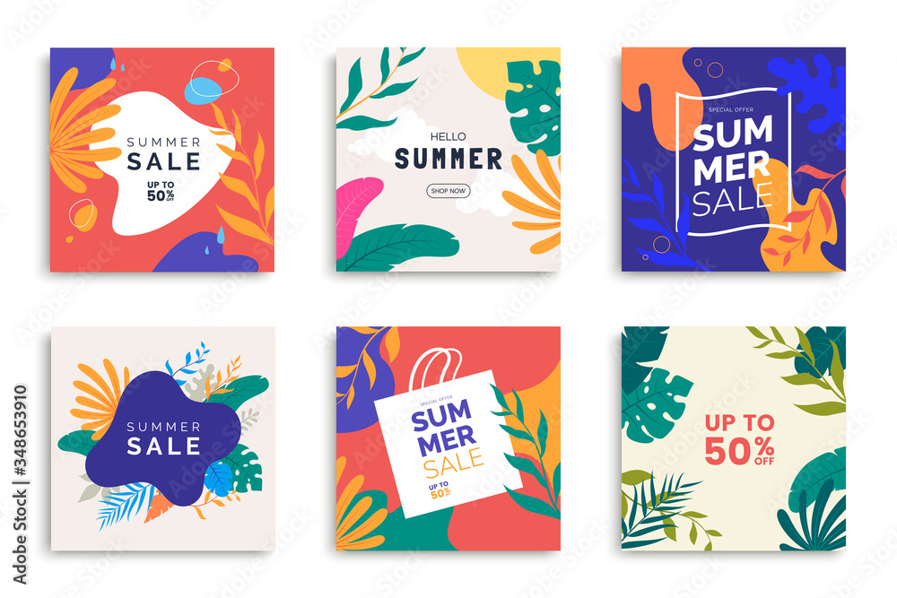 Summer templates for promo posts on social media networks. Colorful summer banner set with tropical leaves. Stories template bundle. Use for product catalog, discount voucher, advertising.