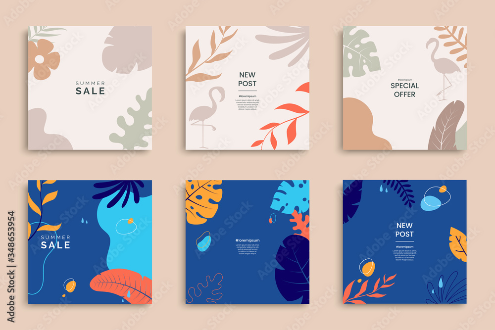 Summer templates for promo posts on social media networks. Colorful summer banner set with tropical leaves in minimal style. Stories template bundle. Use for product catalog, discount voucher, ad.