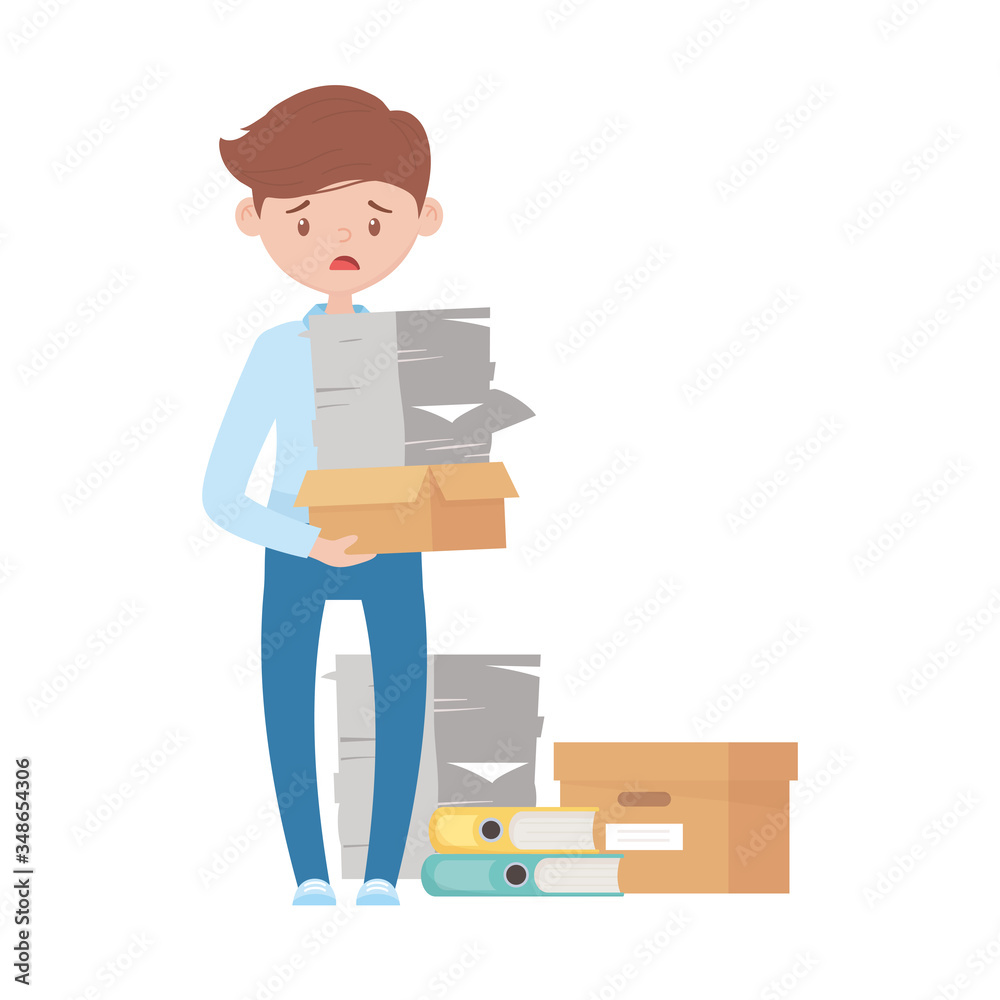 stress at work, worried employee with pile of documents binder boxes stress at work, worried employee with pile of documents binder boxes