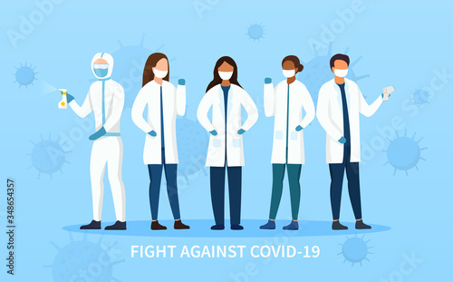Frontline people in the Fight Against Covid-19 showing assorted health workers and a cleaner with sanitiser wearing face masks, colored vector illustration