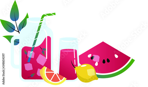 Jug, glass of lemonade, melon, lemon fruits on white background. Flat style, vector illustration.