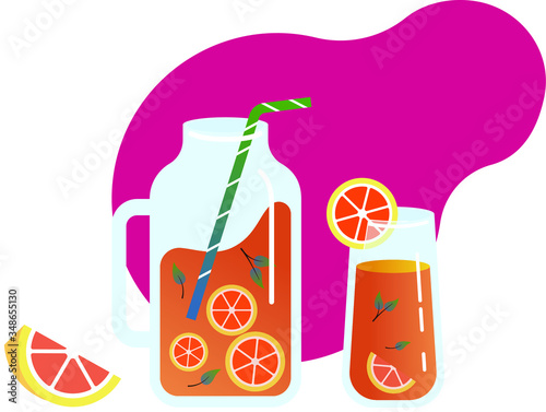 Jug, glass of lemonade, melon, lemon fruits on white background. Flat style, vector illustration.