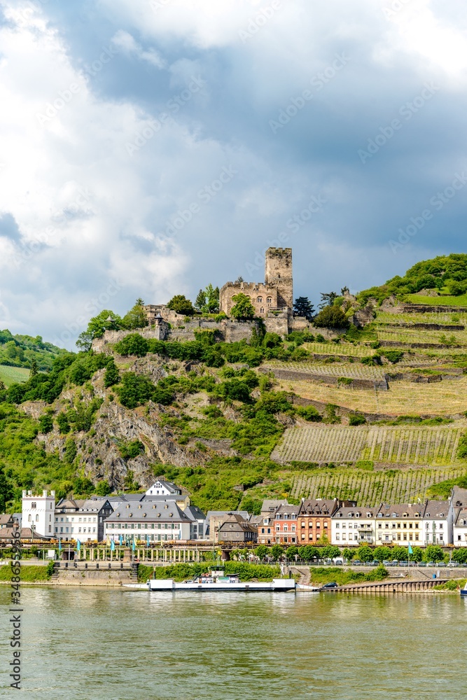 Burg Gutefels by Kaub, nearby Pfalzgrafenstein Castle in the Middle Rhine river (Rhein, Mittelrhein), known as Pfalz. Poscard view. Kaub, Germany. Rhineland-Palatinate (Rheinland-Pfalz) UNESCO Burg Gutefels by Kaub, nearby Pfalzgrafenstein Castle in the Middle Rhine river (Rhein, Mittelrhein), known as Pfalz. Poscard view. Kaub, Germany. Rhineland-Palatinate (Rheinland-Pfalz) UNESCO