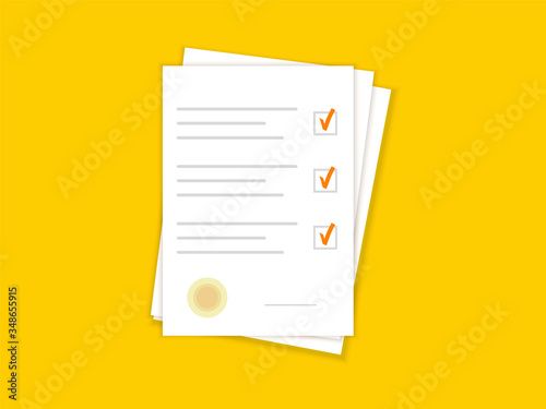 Document papers. Agreement and contract with stamp. Checklist. Vector flat design.