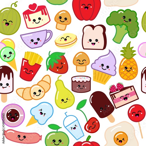 Cute funny sweet seamless pattern smiley food in vector character happy tasty cartoon foody illustration isolated on white. Texture with faces organic healthy pineapple, cherry, strawberry and apple.