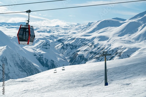 Aerial drone Gudauri ski resort in winter. Caucasus mountains in Georgia