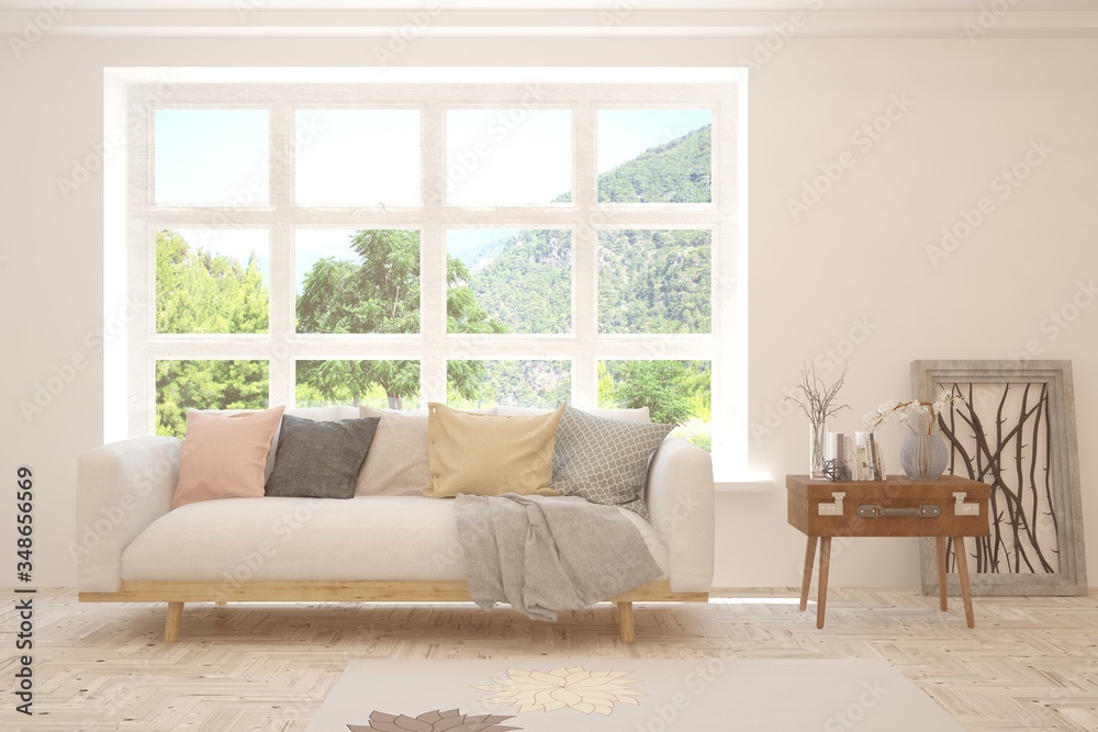 Fototapeta premium White living room with sofa and summer landscape in window. Scandinavian interior design. 3D illustration