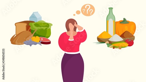 Women choosing between meat and healthy vegetables on vector nature cartoon character health food vegan diet illustration. Women with fish, bread left and groats, corn right. Meal vegetarian concept.