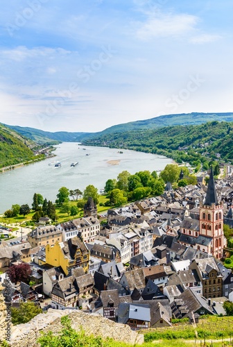 Bacharach am Rhein. Small town on the Upper Middle Rhine River (Mittelrhein). Beautiful aerial panoramic Postcard view. Rhineland-Palatinate (Rheinland-Pfalz), Germany.  UNESCO