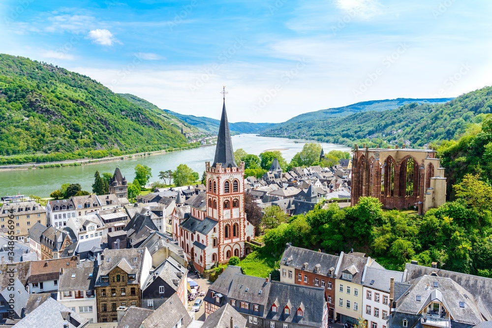 Bacharach am Rhein. Small town on the Upper Middle Rhine River (Mittelrhein). Beautiful aerial panoramic Postcard view. Rhineland-Palatinate (Rheinland-Pfalz), Germany.  UNESCO