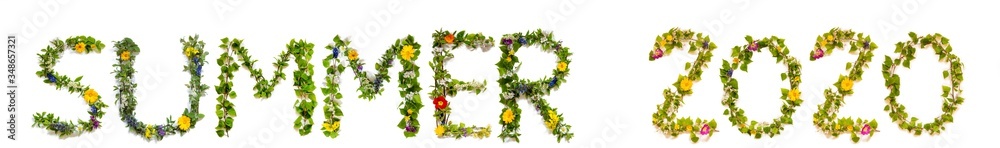 Flower, Branches And Blossom Letter Building English Word Summer 2020. White Isolated Background