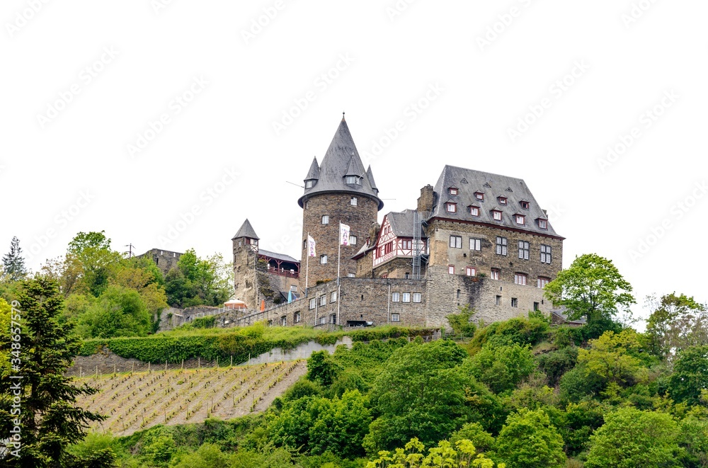 Castle in Bacharach am Rhein. Beautiful Postcard view. Middle Rhine River, (Rhein fluss, Mittelrhein). Rhineland-Palatinate (Rheinland-Pfalz), Germany UNESCO