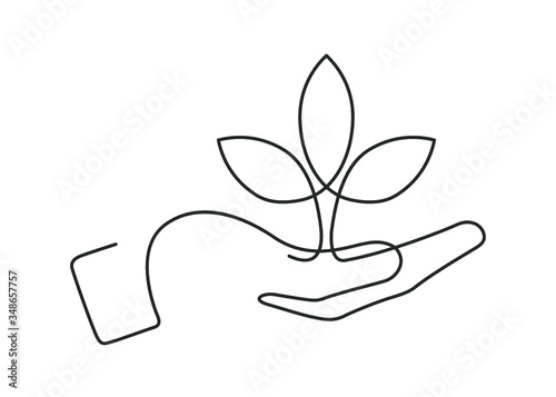 Continuous line drawing of growing plant in hand on white background. Vector illustration