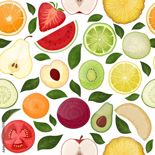 Fresh seamless pattern with slice vitamin fruits, vegetables on nature food fruity vector hand drawn illustration isolated on white. Concept repeat half orange, kiwi, watermelon and strawberry, leaf