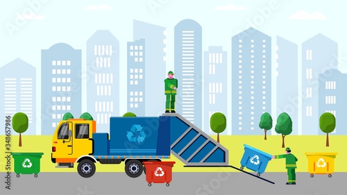 Scavengers bunkering trash in dustbin on truck in urban service character sorting vector scavenging cartoon illustration. Scavenge, trash, garbage and waste colored concept. Background city building.