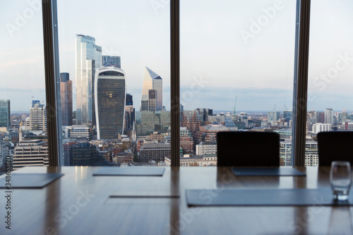 Cityscape view from highrise conference room, London, UK