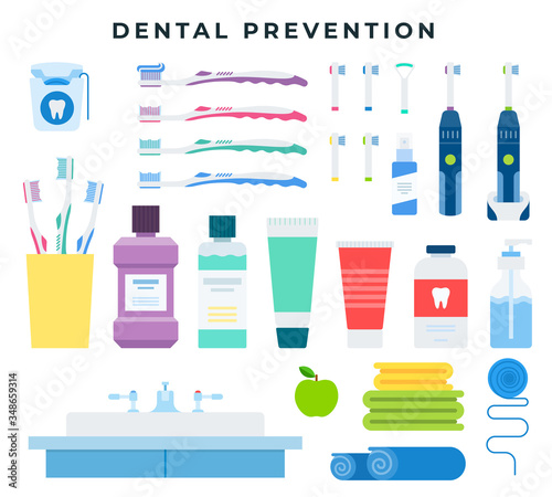 Dental cleaning tools for preventive oral hygiene, set of elements. Vector illustration, isolated on background.