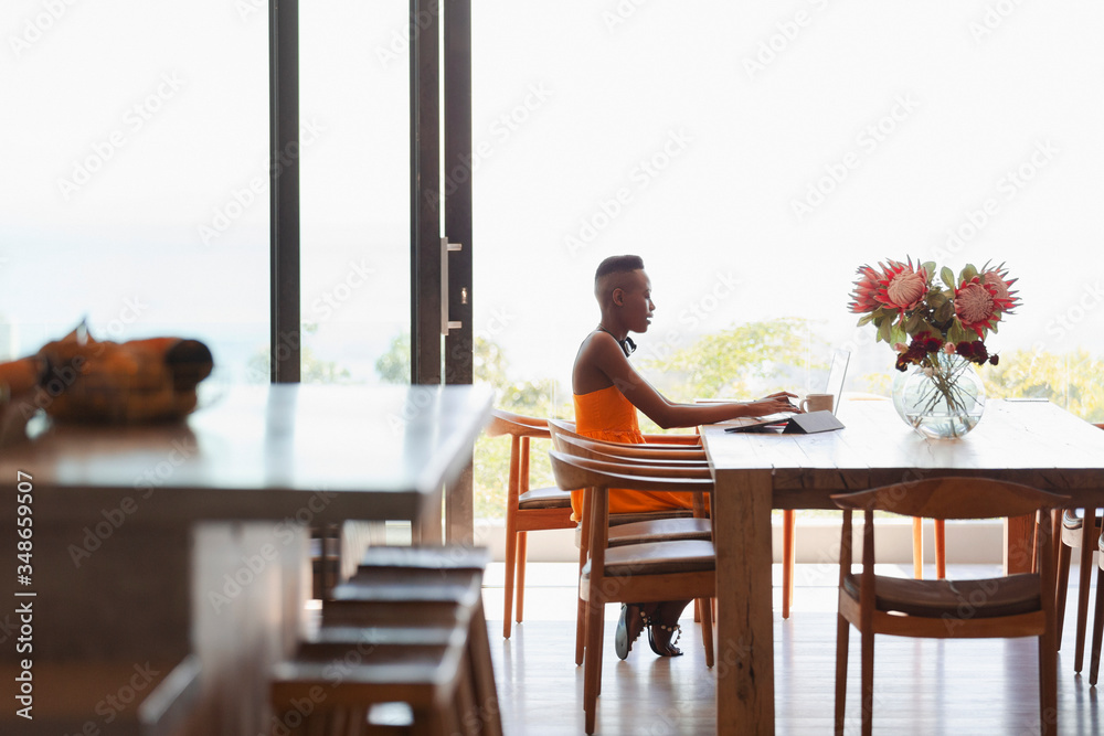 © Paul Bradbury/Caia Image - Young woman using laptop, working from home at dining table