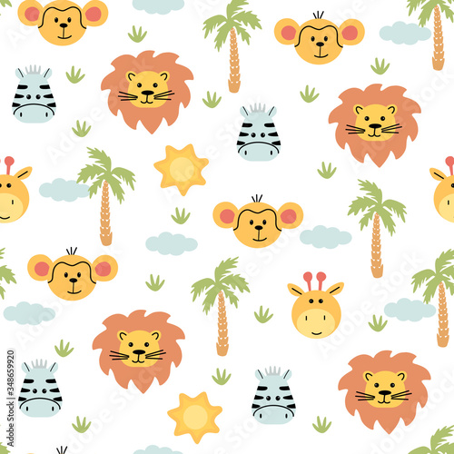 Funny bright children's seamless pattern. Cartoon animals, lion, Zebra, monkey. Simple vector illustration. For textiles and children's decor.