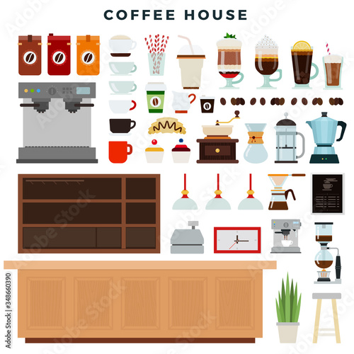 Coffee house, set of elements. Coffee shop interior, equipment, different types of coffee drinks. Vector illustration.