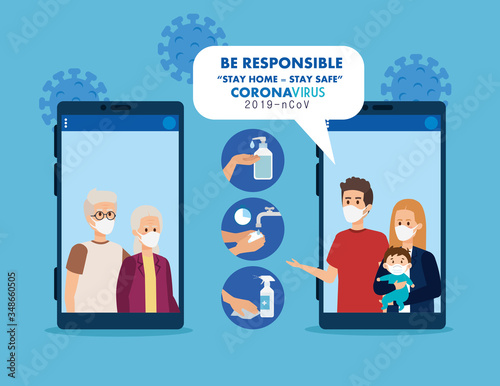 stay at home campaign with families in video conference vector illustration design