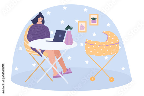 Woman works at home with a laptop. Nearby is a stroller with a child. Vector illustration.