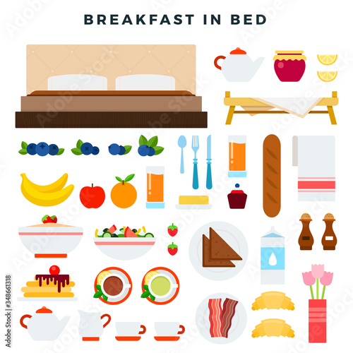 Breakfast in bed vector flat illustration. Set with tea, juice, fruit, bacon, pan cakes, oatmeal for web shop. Isolated on white