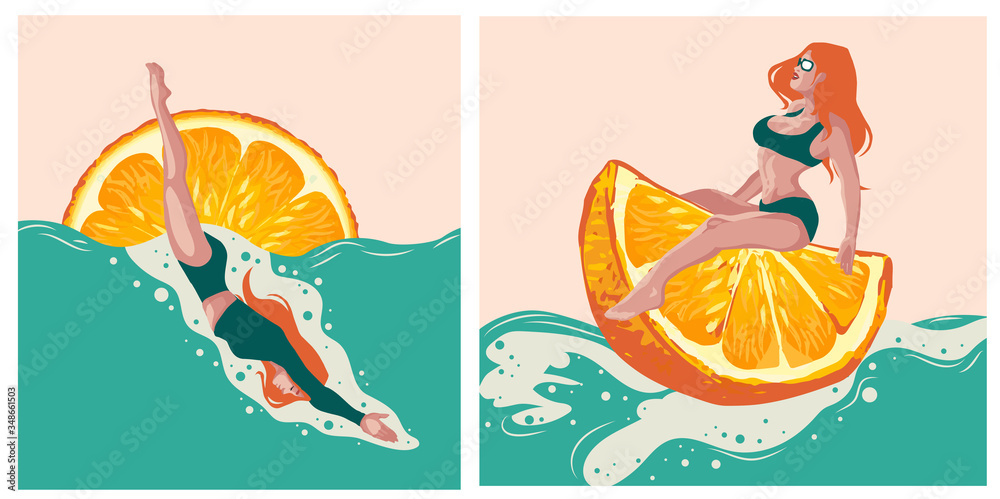 Illustration of a pool party with cartoon people in swimsuits, drinking a cocktail, relaxing, spa relaxation concept, horizontal banner, orange, summer events background, free time. Illustration of a pool party with cartoon people in swimsuits, drinking a cocktail, relaxing, spa relaxation concept, horizontal banner, orange, summer events background, free time.