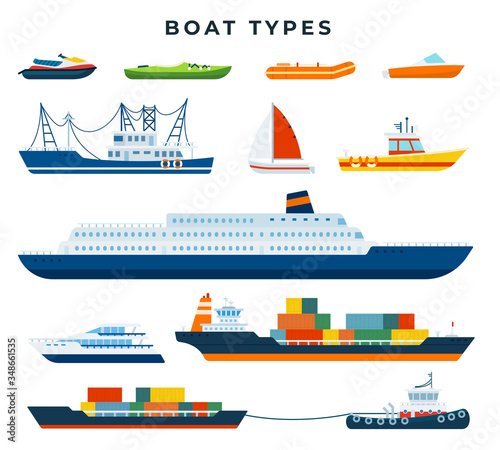 Boat and ship types, set. Water transport. Vector illustration in flat style.