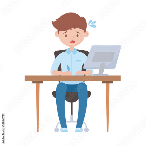 stressed employee working with computer in desk isolated design