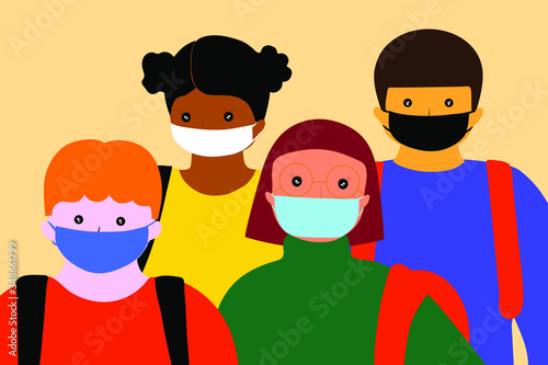 Children wearing masks and going to school. Children's first epidemic experience. For safety reasons (Covid-19 or coronavirus). 
