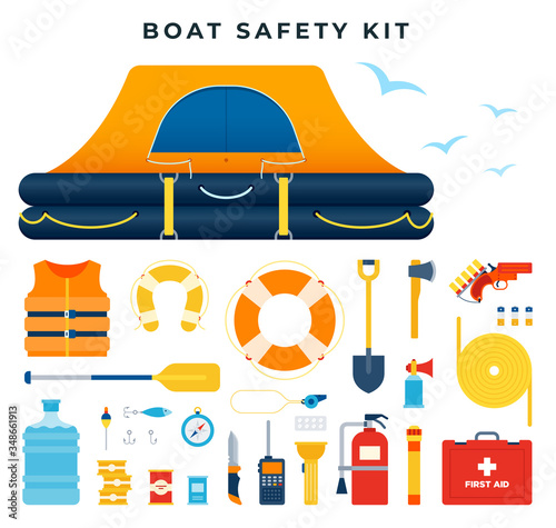 Boat safety kit, set of icons. Water rescue. Survival after a ship wreck. Equipment and tools for saving life. Vector illustration.