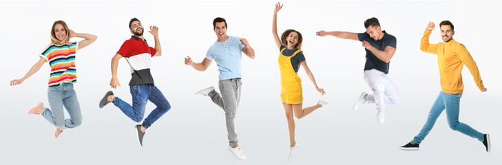 Collage with photos of young people in fashion clothes jumping on white background. Banner design