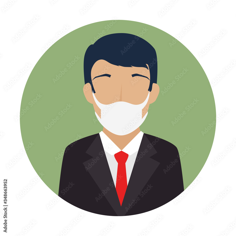 businessman using face mask in frame circular vector illustration design