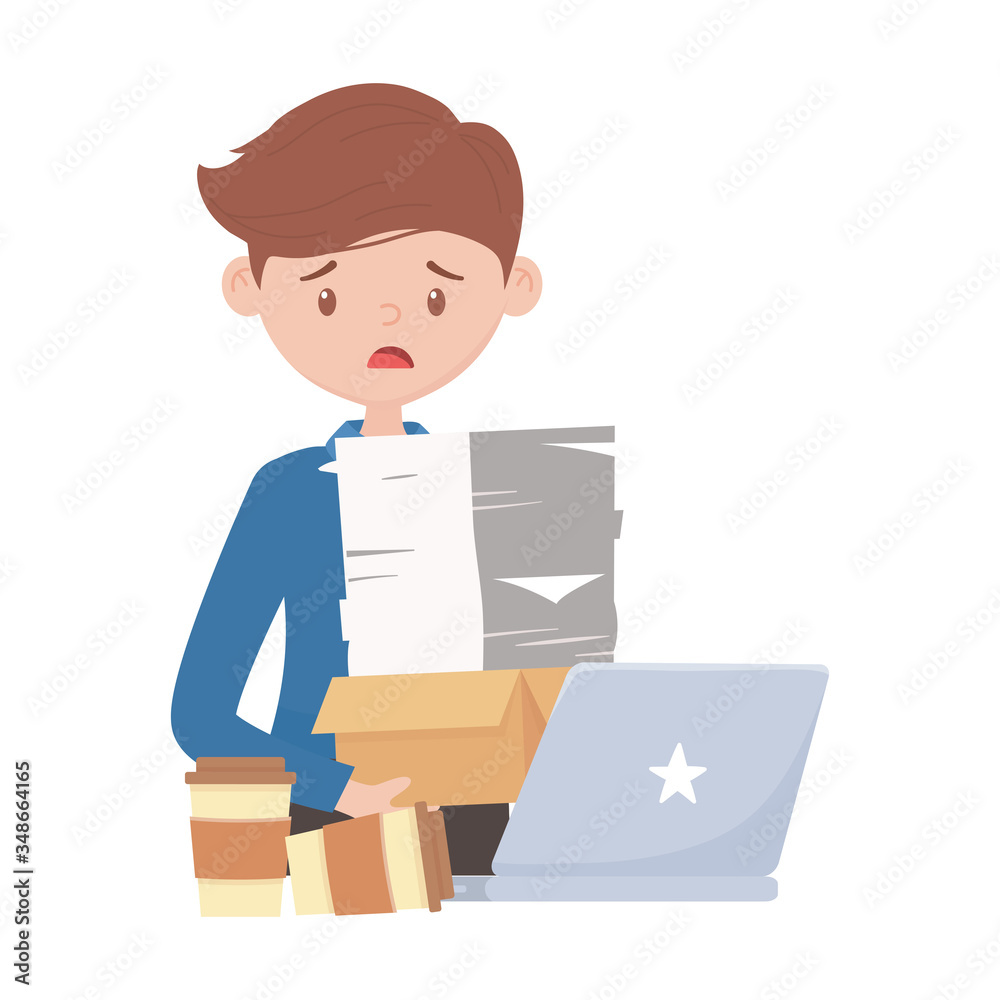 stress at work, stressed employee carrying stacked papers, coffee cups and laptop office stress at work, stressed employee carrying stacked papers, coffee cups and laptop office