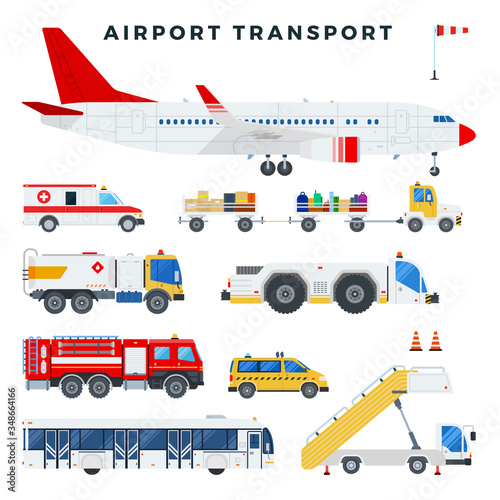 Aircraft and vehicles of the airport ground services. Vector illustration in flat style.