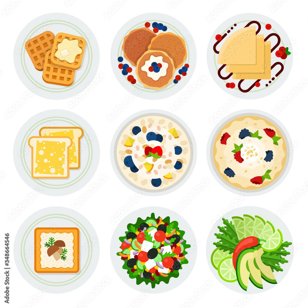 Set of vegetarian breakfasts in plates Set of vegetarian breakfasts in plates