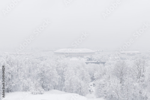 Luzhniki Stadium on the Sparrow Hills in heavy snow. Blizzard. Winter Park.