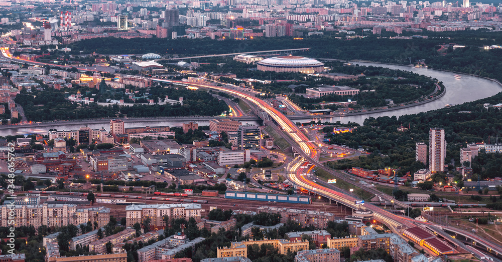 Luzhniki stadium from a height, panorama of Vorobyovy Gory, panoramic view of Moscow